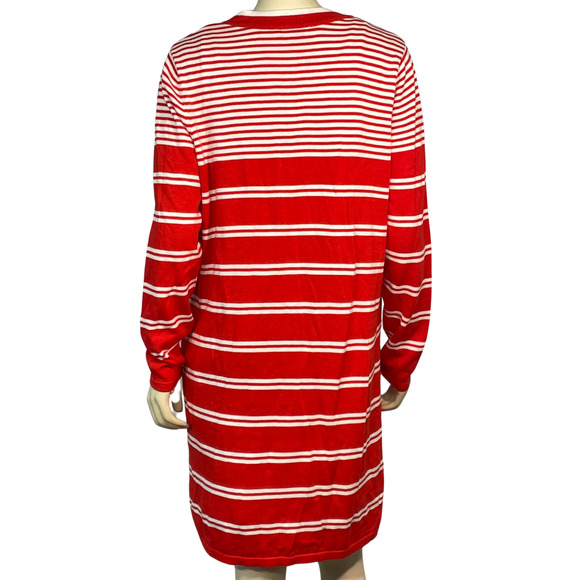 Isaac Mizrahi Sz L Long Duster Cardigan V-Neck Long Sleeve Red/White Stripe New - Picture 3 of 11